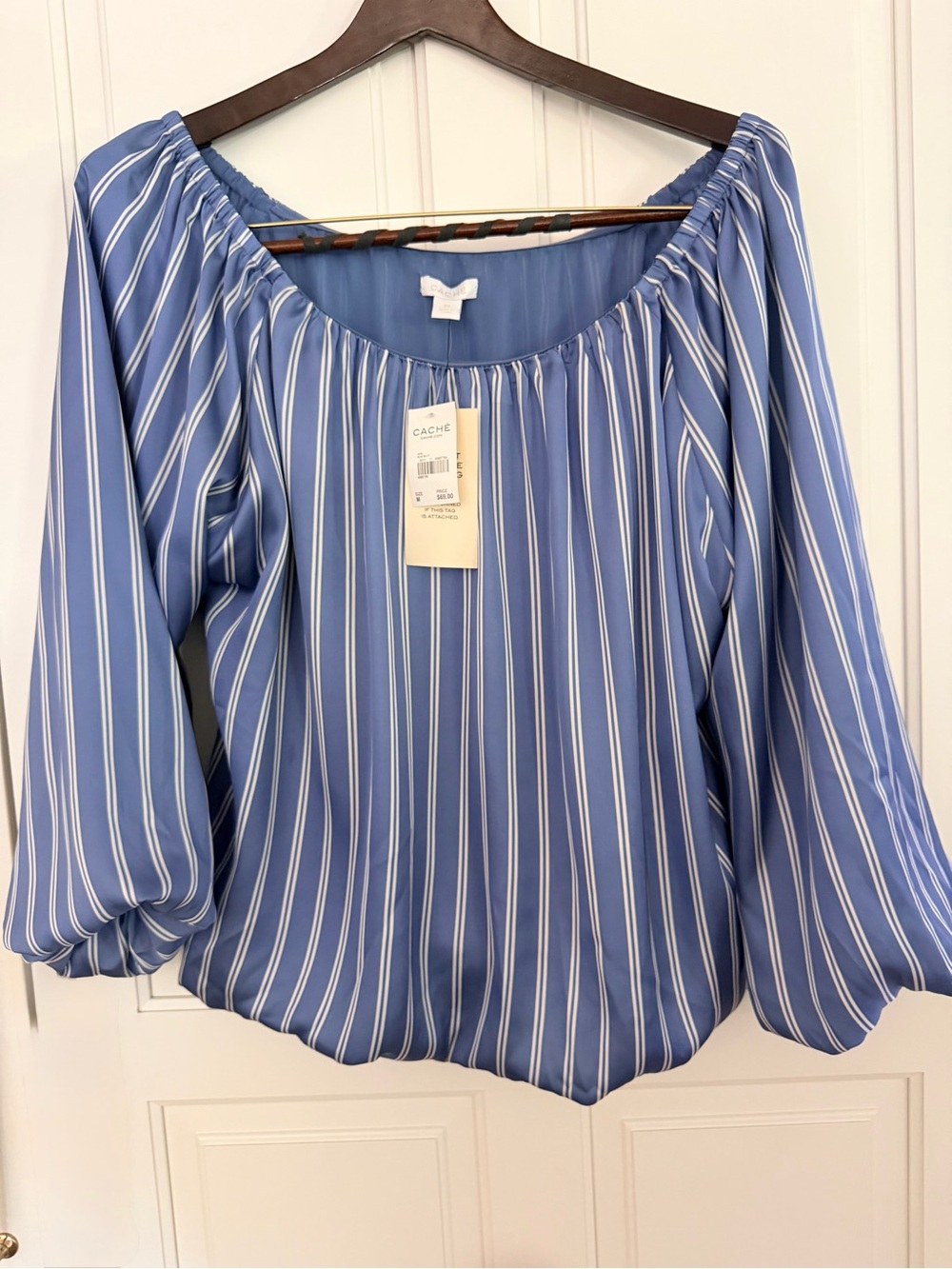 Cache Blue and White Striped Off-Shoulder Blouse